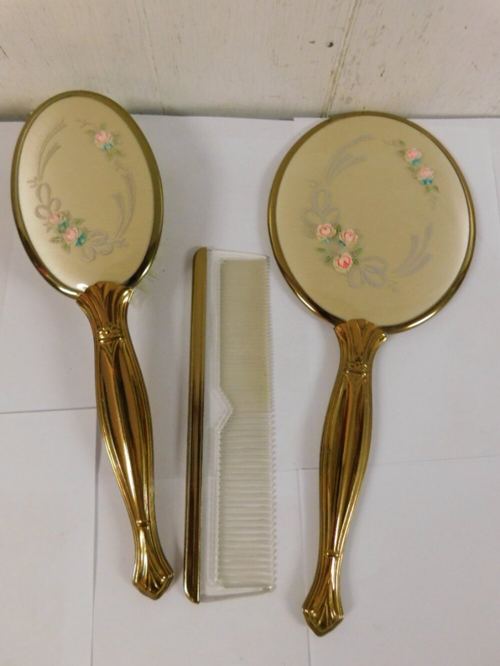 Vintage Gold Finish Vanity Hand Mirror, Brush and Comb Set with Raised Roses